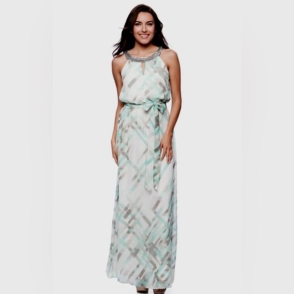 Vince Camuto Sz 2 Maxi Dress beaded halter neck Sleeveless white green & gray. - Picture 1 of 16